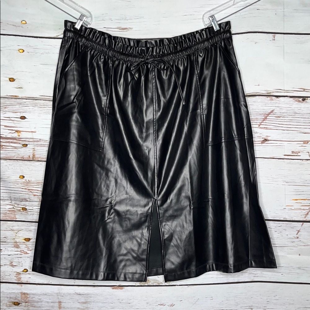 Ava & Viv NWT Size 3X Black Faux Leather A-Line Midi Skirt w/ Slit